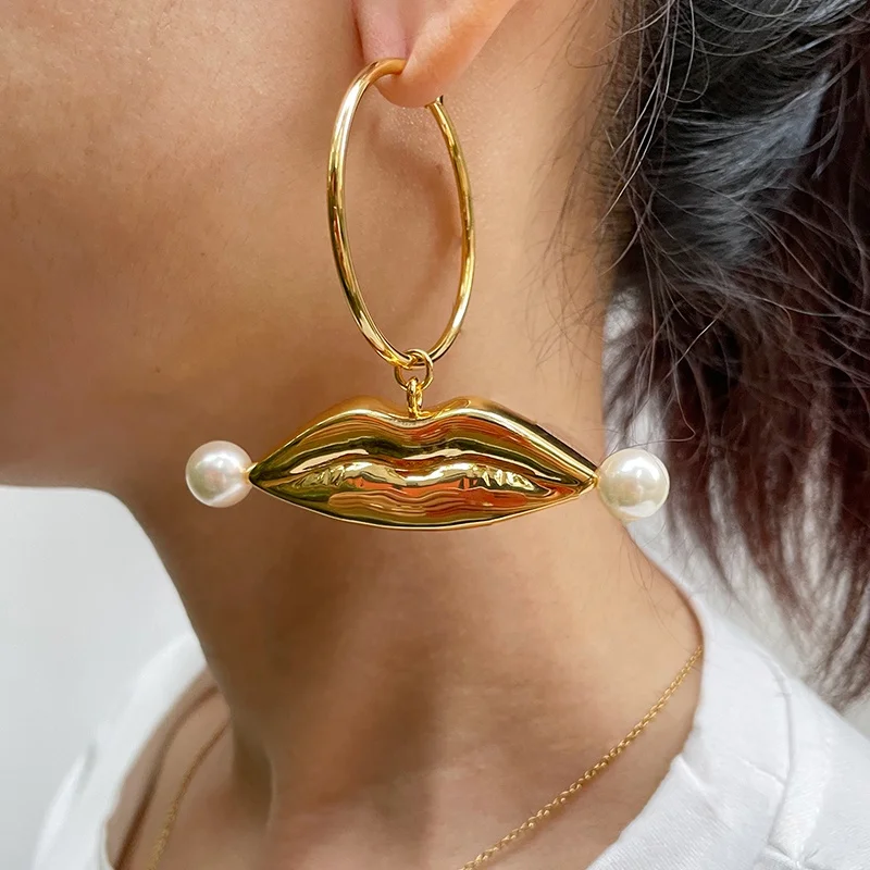 18K Gold Plated Brass Jewelry Exaggerated Nose Lips Earrings For Women Party Accessories Hoop Earrings E221388