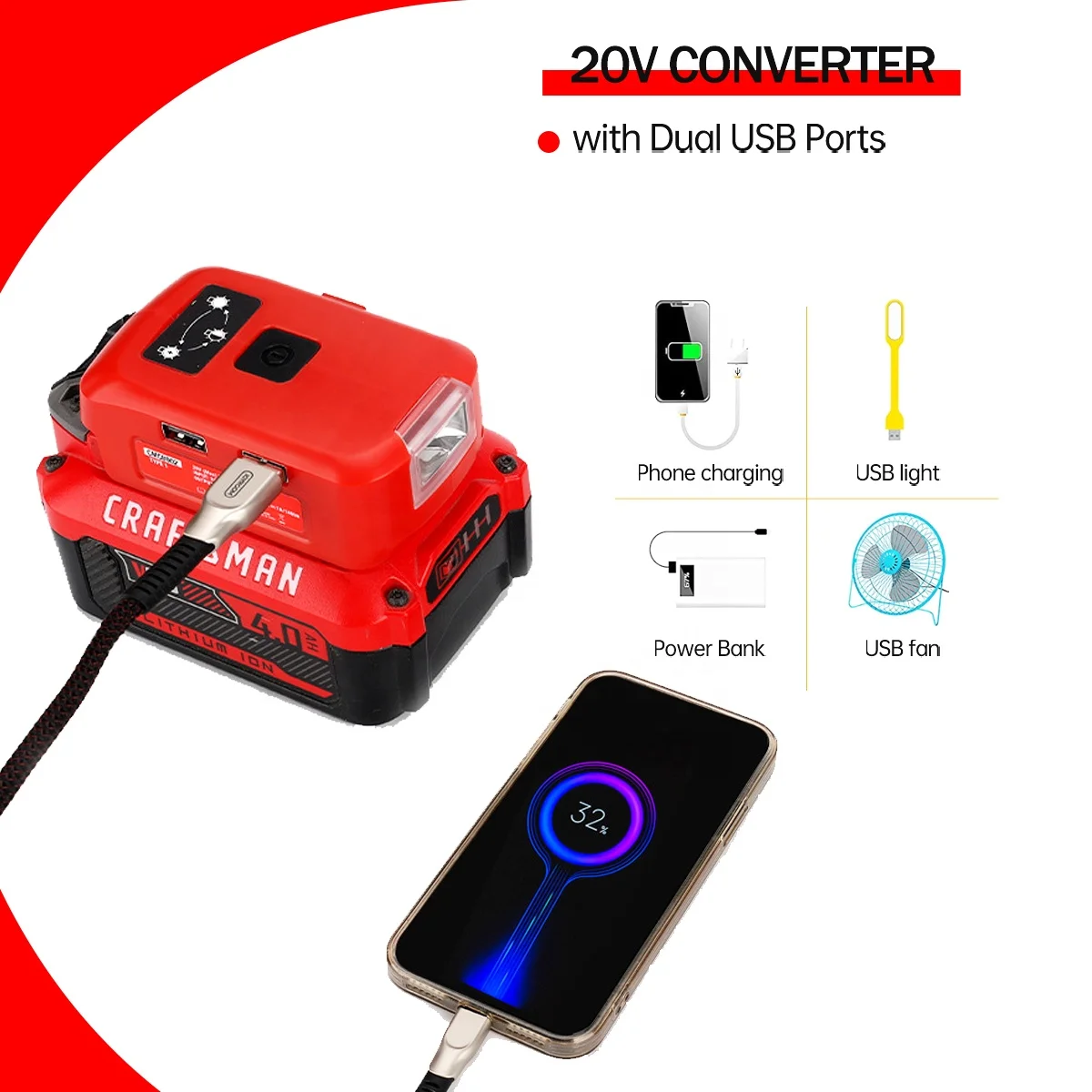 Newest Li-ion Battery Converter USB Power Source Adapter With LED Lights 12V DC Port Charger for Craftsman 20V Battery V20