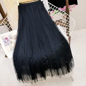 Party Casual Midi Pleated Tulle Skirt for Women Elastic Empire Waist Beading Brilliant A-line Breathable Spring