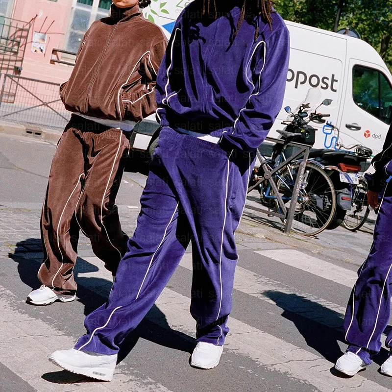 Custom 2 Piece Reflective OversizedBaggy Jogging Sweat Track Suit Velvet Velour Flared Sweatsuits Sportswear Tracksuits for Men gallery 2