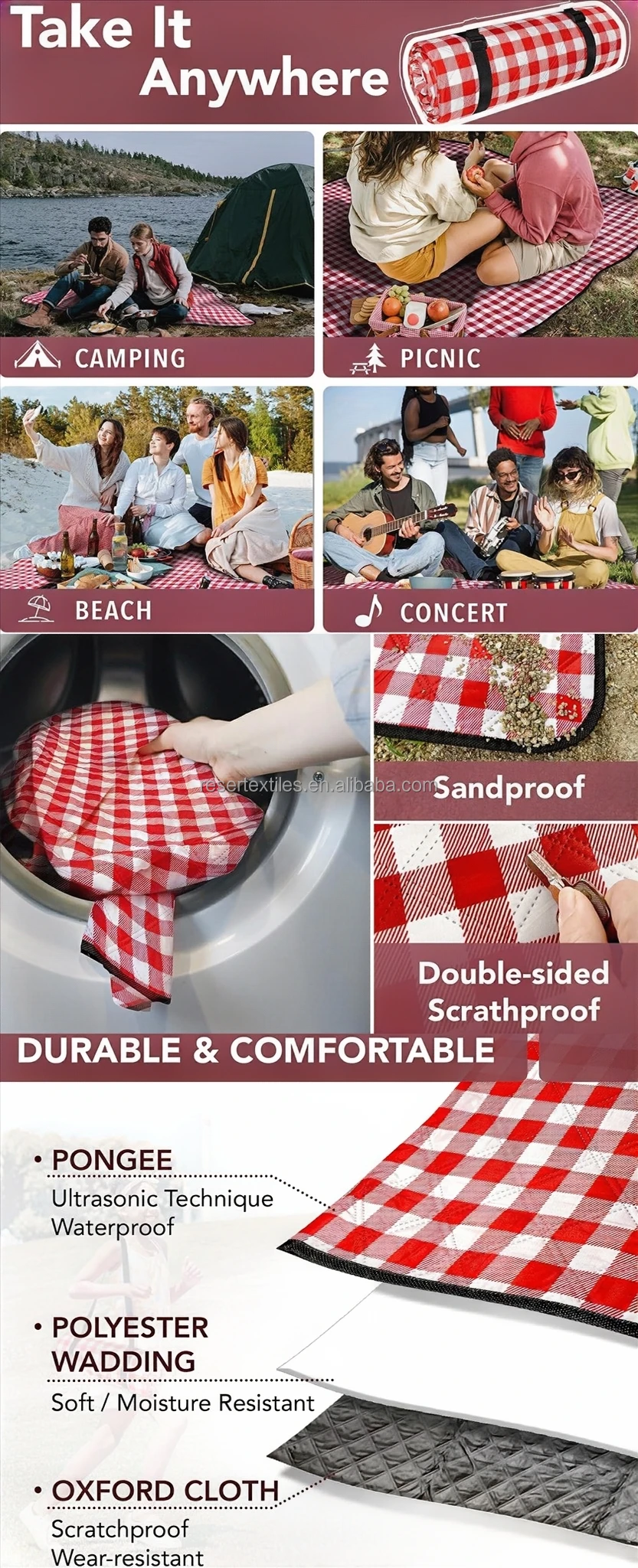 Custom Logo Modern Portable Waterproof Picnic Mat-Lightweight Foldable Camping & Beach Mat with Quilting Technology and Handbag