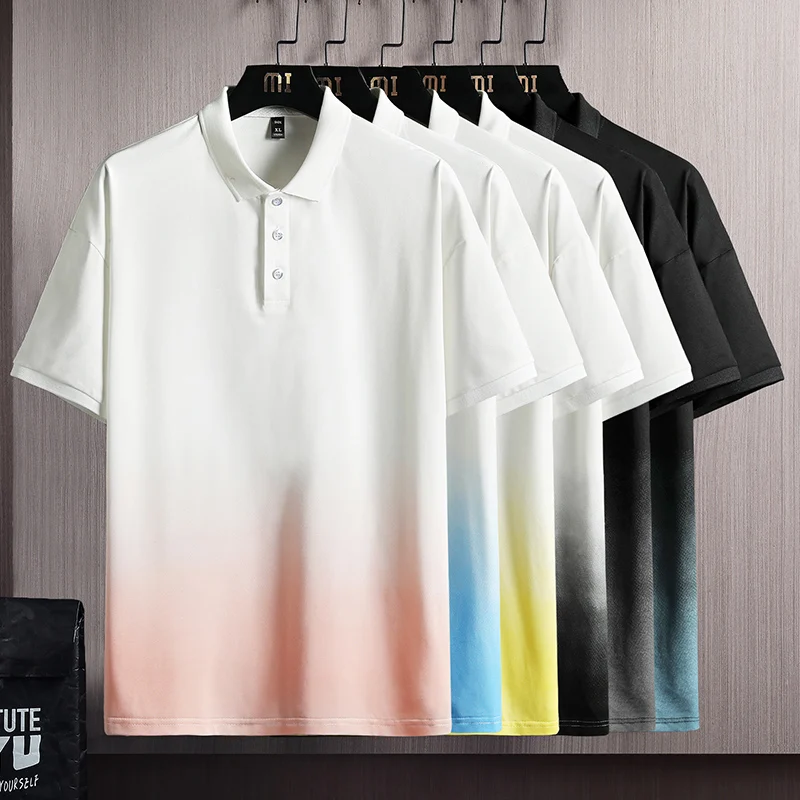 Fashionable gradient color polo shirt, Lyocell polyester men's casual short-sleeved button-down golf top