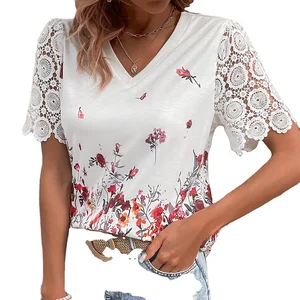 Custom Design Floral Printing V Neck Embroidery Short Sleeve Women's Tee for Summer