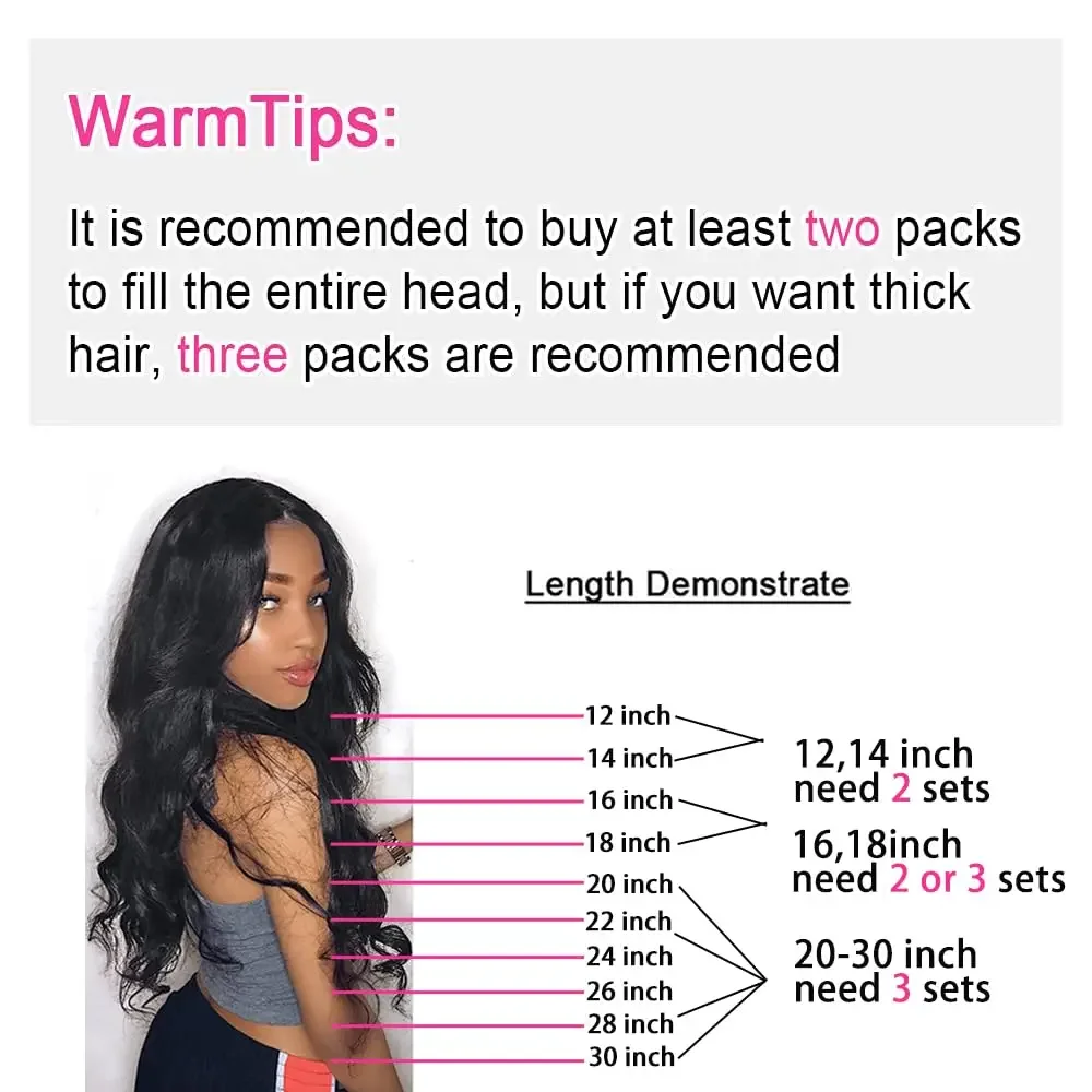 Brazilian Body Wave Clip-Ins Human Hair Extensions 8 Pcs Set Natural Color Remy 1B_voghion.com