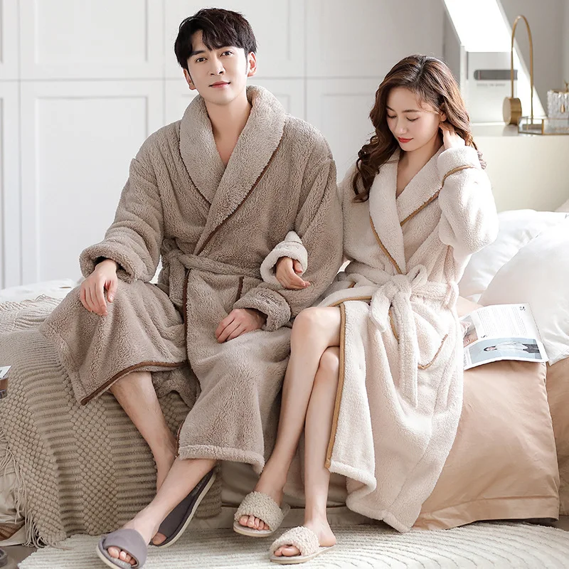 Men and Women Long Coral Fleece Bathrobe Over-the-Knee Style Flannel Lining Plus Size Winter Couples