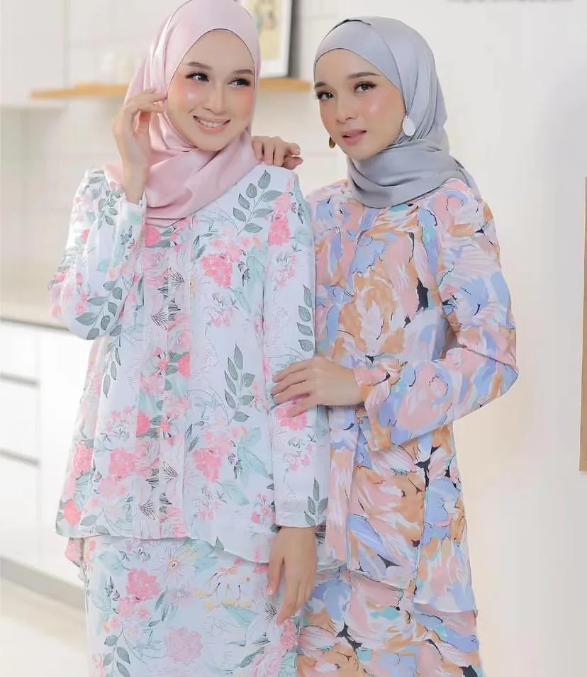 2023 Malaysia Traditional Custom Pattern Blouse Skirt Set  Floral Printing Heavy Chiffon CoTudung Girl Baju Kurung