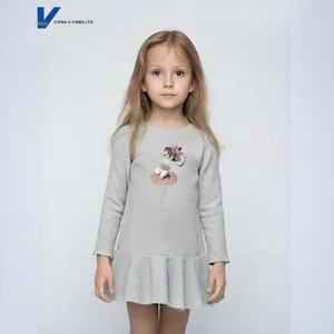 Dreamy Ballet-Themed 3D Appliqua Light-Gray Base Eco-Friendly Girls' Spring-Autumn Long-Sleeved Dress with Pleated Hem Design