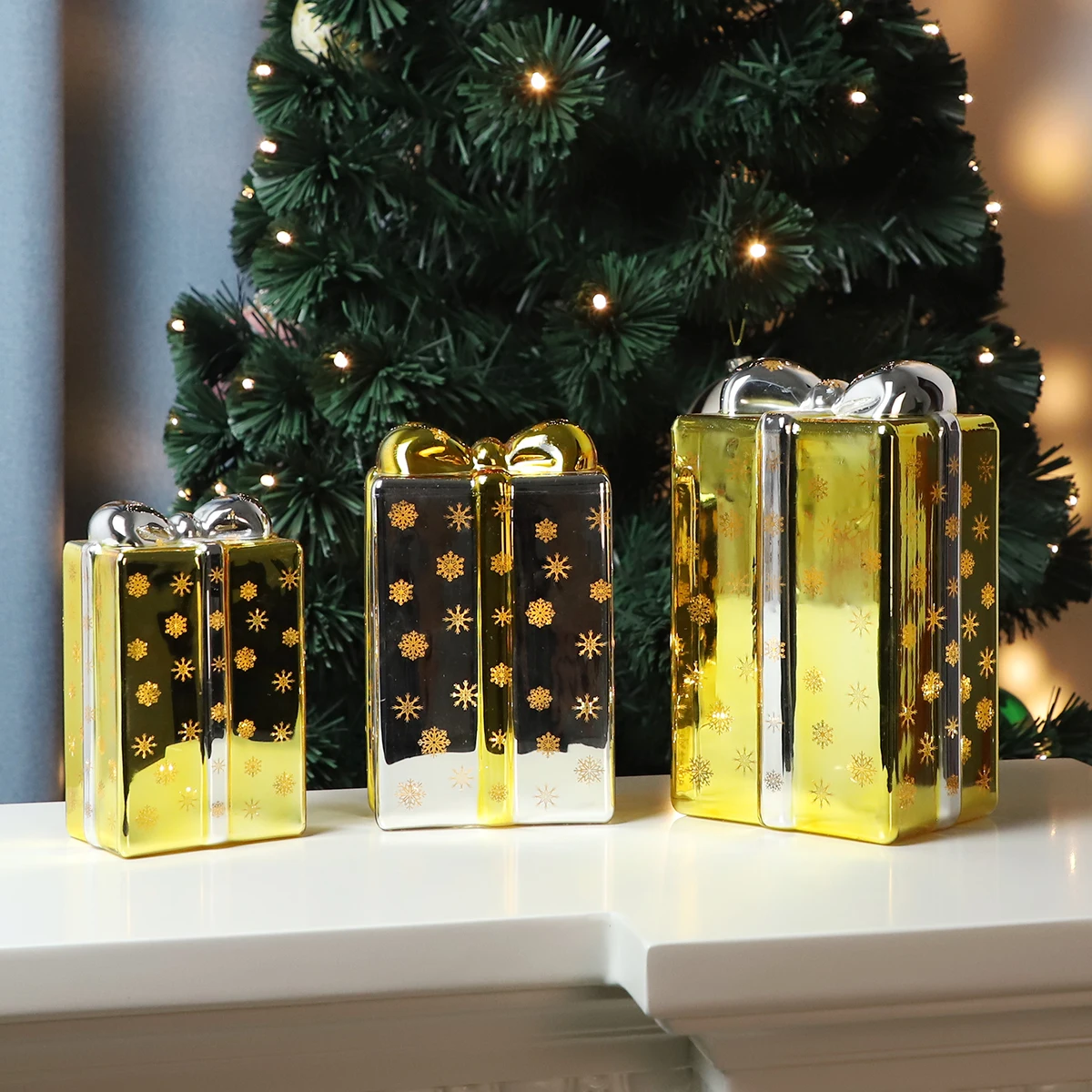 gold cheap christmas decoration glass ornaments christmas lighted gift boxes crafts