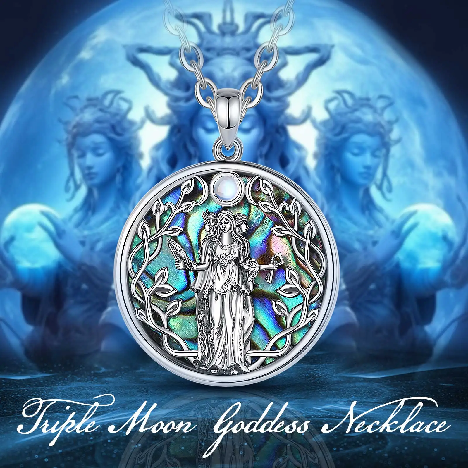 Merryshine 925 Sterling Silver Pagan Mother Of Pearl Pagan Triple Moon Goddess Pendant Necklace