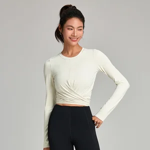 Casual Strap Waist Cinching Tight Fitting Sports Top Round Neck T-shirt Professional Running Fitness Tops Long Sleeved Yoga Top