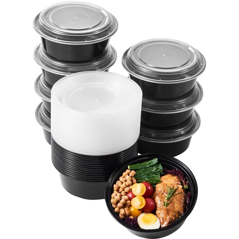 Black Round Reusable Plastic Microwave Safe Meal Prep Food Container