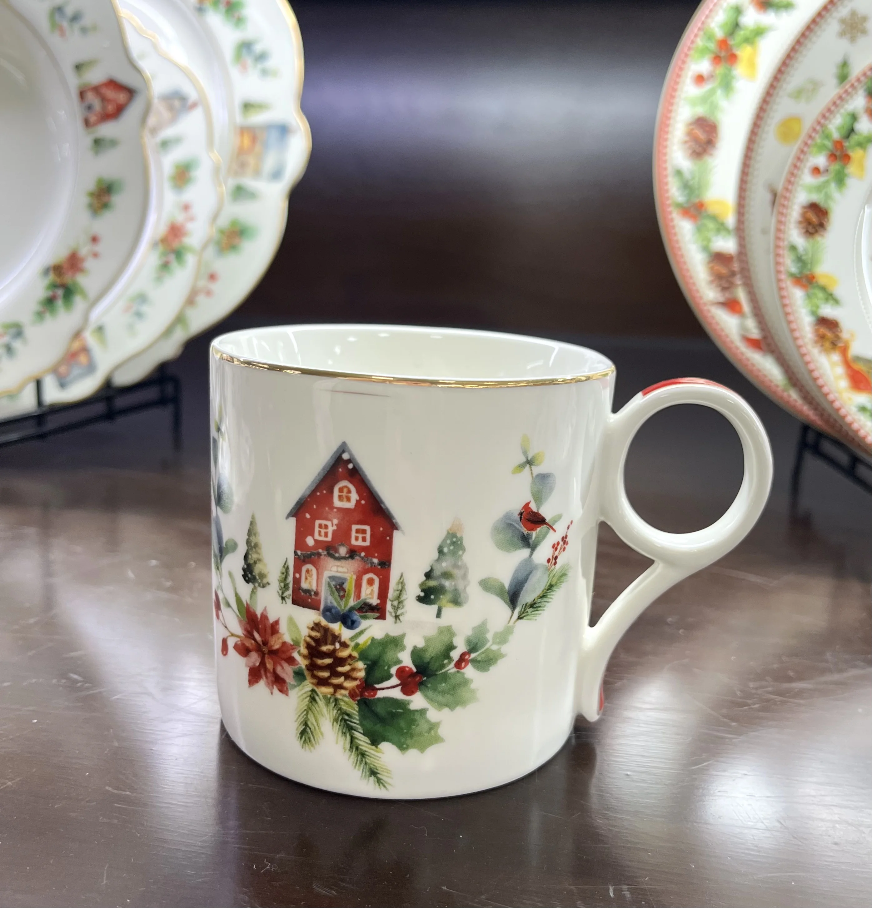 Taohui Customizable Holiday Porcelain Snow House Elk Christmas Element Dinner Plates details