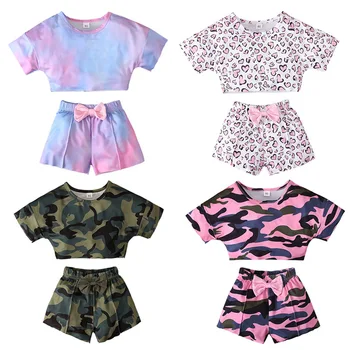 Girls summer style short sleeve camouflage short t Shirt top + Bow shorts Two-piece children's clothing