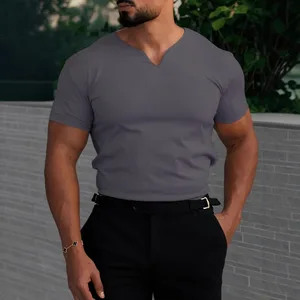 Summer Men's Sports and Leisure V-neck Elastic Solid Color Plus Size Short Sleeved T-shirt