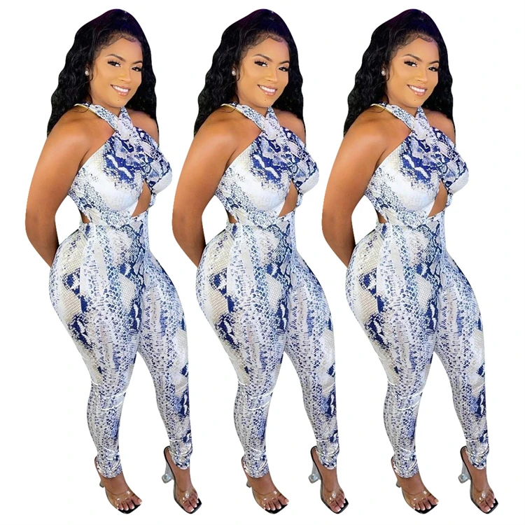 PEARL Good Quality Backless Bandage Bodycon Jumpsuit Women Haiter Snakeskin Printed Sleeveless One Piece Women Jumpsuit