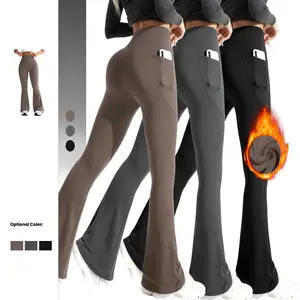 High Waist Yoga Flared Pants with Side Pocket High-waisted Hip-lifting Warm Slightly Quick Dry Gym Yoga Leggings for Women