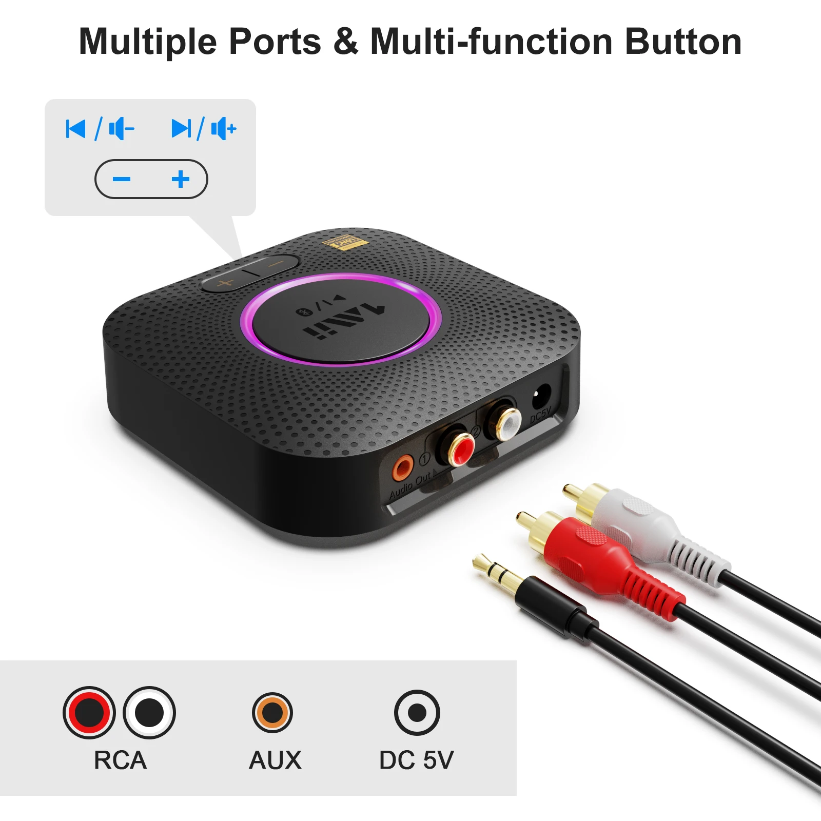 1Mii Ricevitore Bluetooth 5.2 HiFi AptX HD – Adattatore Audio Con Controllo Volume, Uscita RCA/AUX Per Stereo E Amplificatori