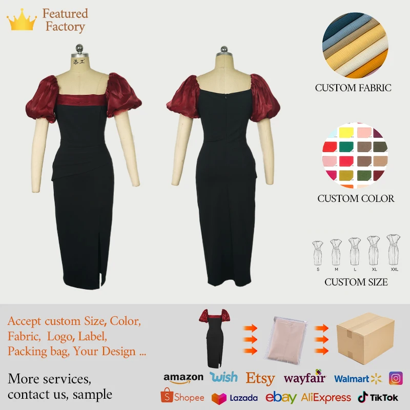 Elegant Puff Short Sleeve Square Neck Midi Dress For Women - Oem