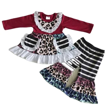 RTS NO MOQ Boutique Baby Gir clothesl White Lace Black Stripe Pocket Wine Red Long Sleeve Set Children's Clothing
