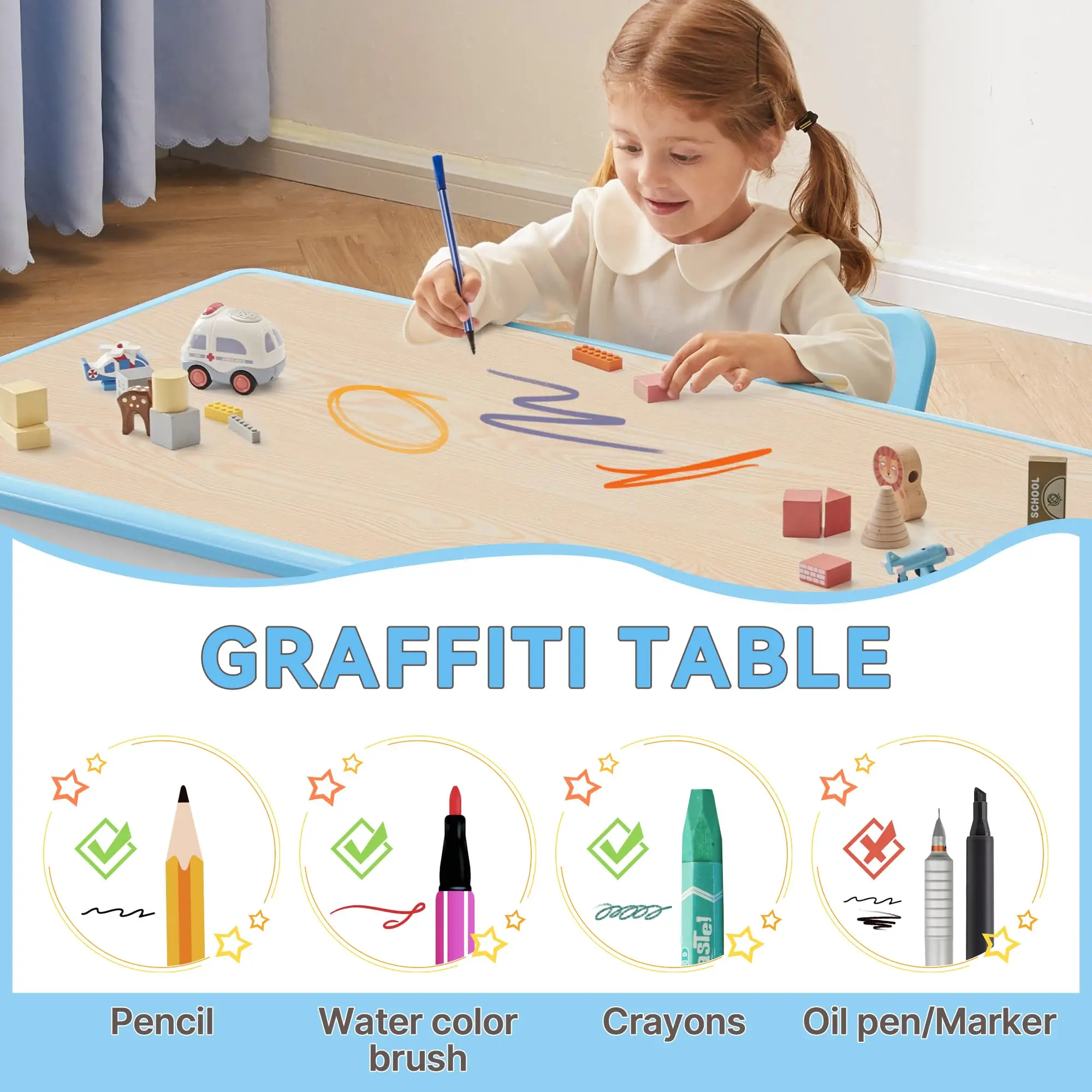 Kindergarten Table and Chair Set,Plastic Baby Table Chairs,Tabletop Graffiti Height Adjustable Study Desk Kids Daycare Furniture
