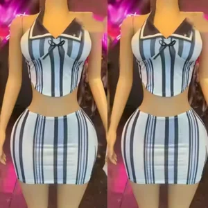 Viviblook Z401ST02 New Digital Printed Sleeveless Halter Striped Mini Skirt 2 Piece Set Y2k Two Piece Set