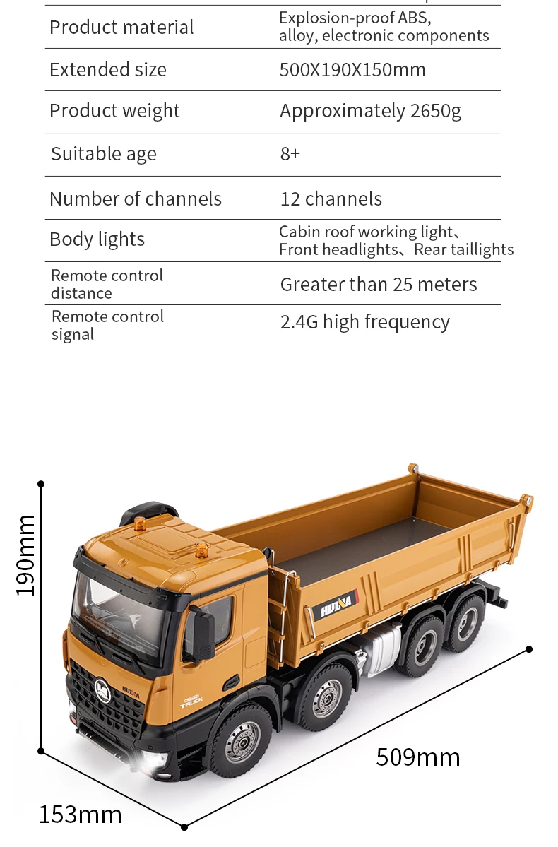 HUINA 1536 RC Car 8-Wheels Heavy-Duty Vehicle 1/14 Large Dump Truck Alloy Engineering Truck Cargo Remote Control Toys Model