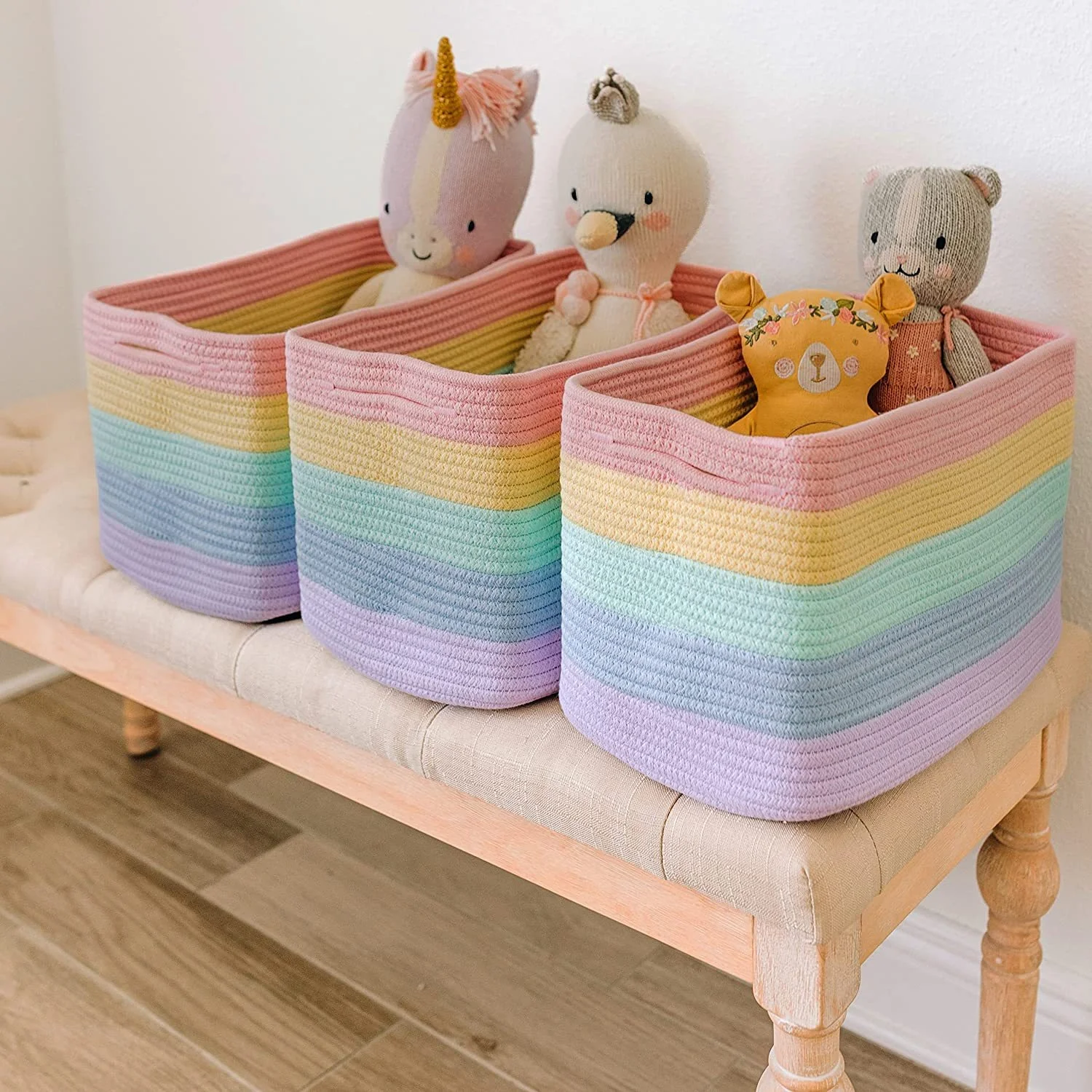 Color Cotton Rope Rainbow Basket Collapsible Clothes Toys Containers Woven Baskets For Kids Room