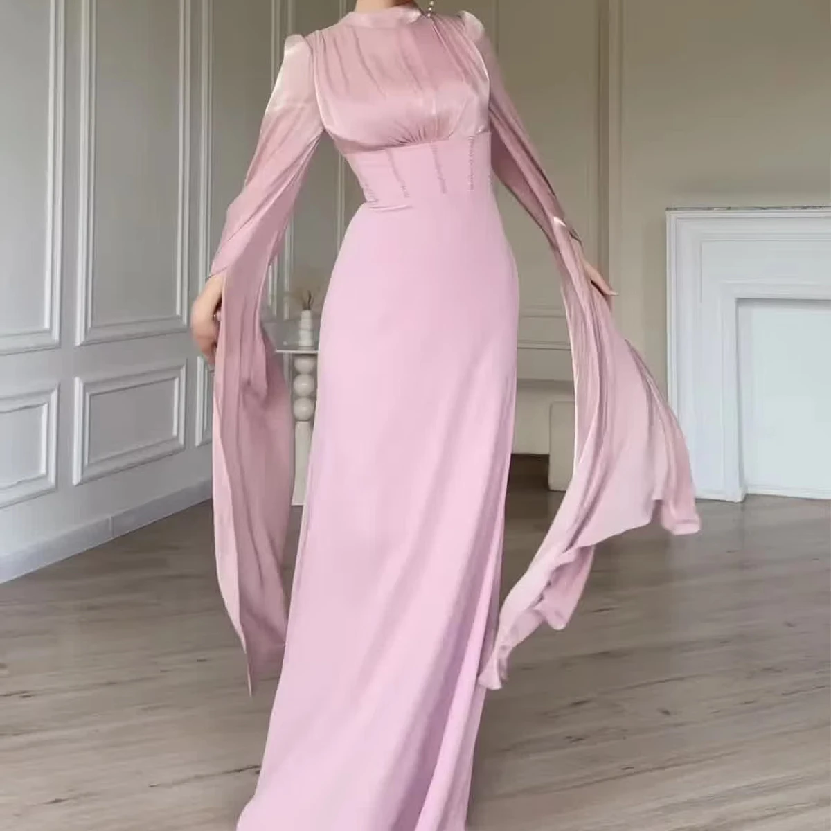 Women's Plus Size Modest Evening Dress Flared Sleeves Square Collar Pleated  Wrap Hip Solid Color Muslim Abaya for Eid Occasions