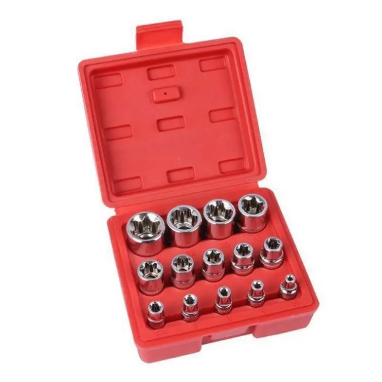 TEBAK Crv Material 14pcs/set E Torx Star Female Bit Sockets Set 1/2" 3/8" 1/4" Drive E4 - E24 Repair Tools Hand Tool Set Sleeve