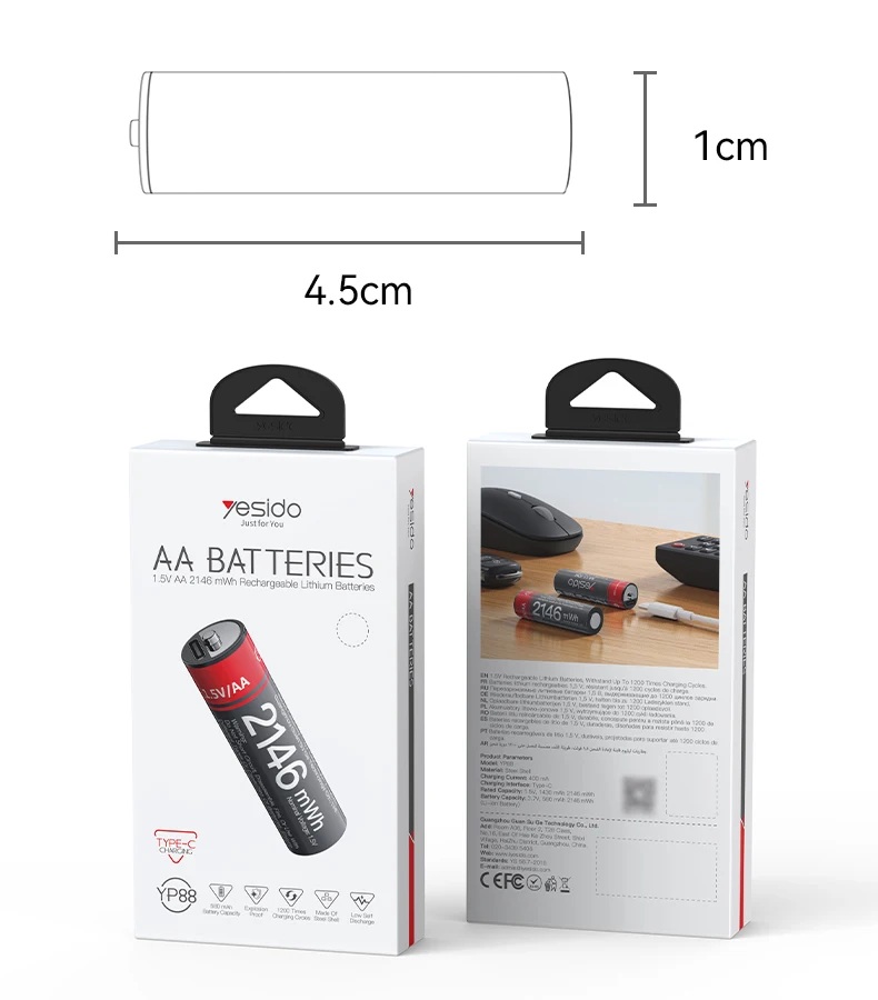 Yesido 1430mAh Large Sufficient Capacity Type-C Charging Port Recyclable AA Battery Rechargeable Battery YP88