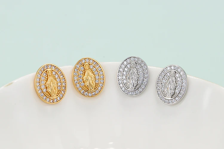 Gold Plated Virgin Mary Stud Earrings Micro Paved Zircon Oval Ear Nail Our  Lady of Guadalupe Women Religious Catholic Jewelry