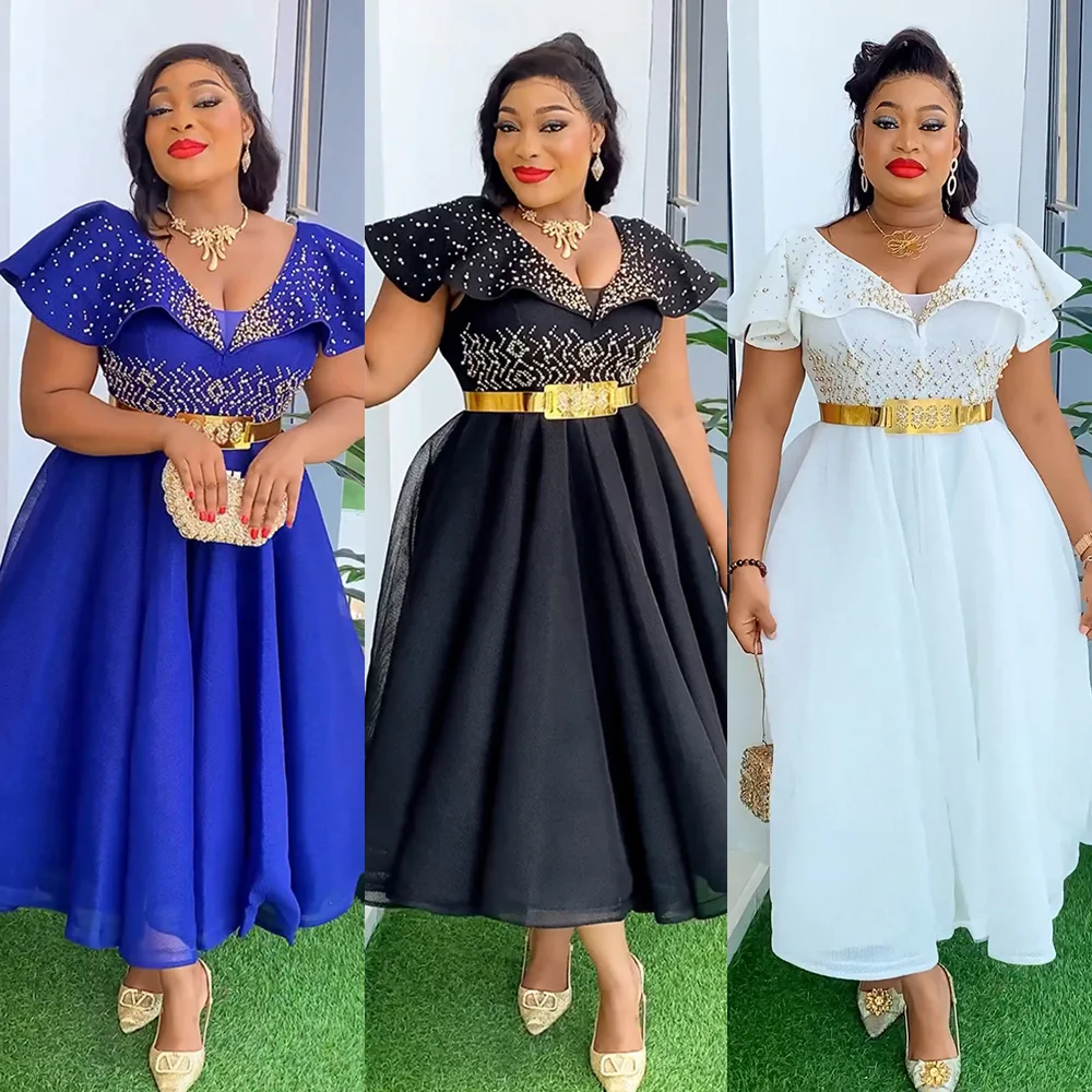 S9963 Best selling African Dresses For Women Clothing High Waist V Neck Beaded Church Dresses For Women Plus Size Dress