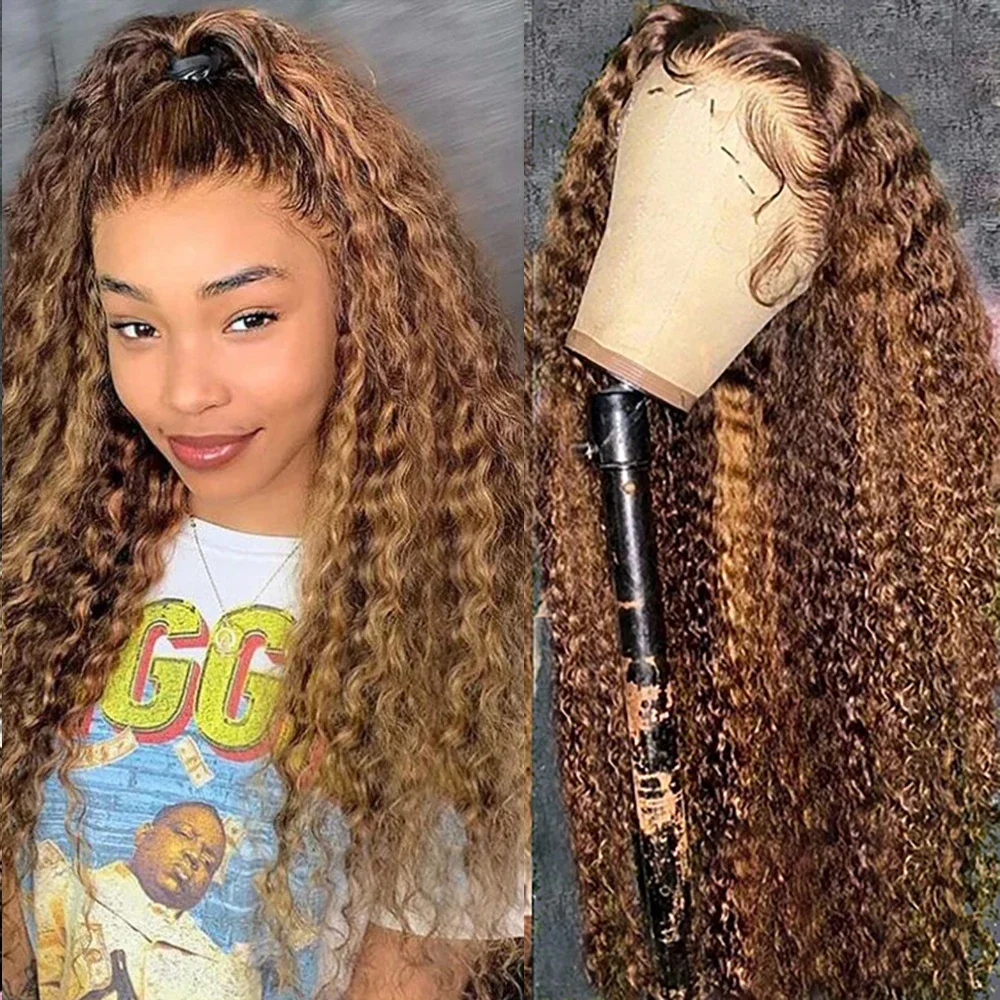 Parrucca frontale in pizzo con onde d'acqua biondo miele, capelli umani, 30 pollici, onda profonda sciolta frontale_voghion.com