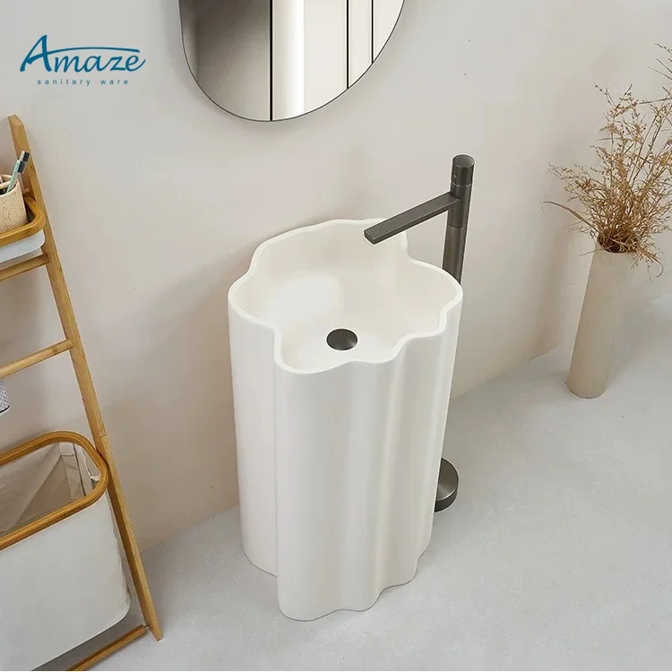 Modern style easy to clean pedestal sinks hotel one-piece floor mounted pedestal basin terrace simple art basin supplier