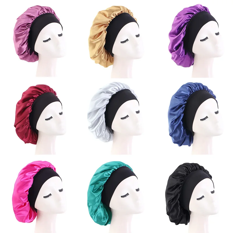 Beauty Lady Black Elastic Night Sleep Hat Hair Loss Cap Women Wide Band Stain Make up Hair Bonnet