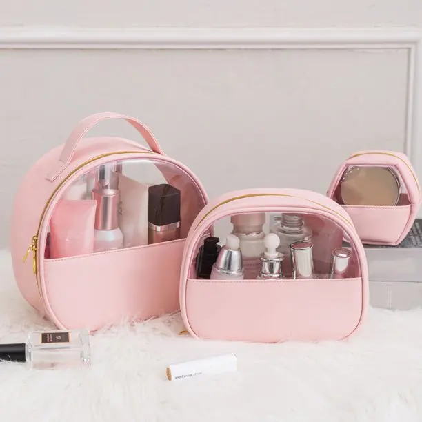 Custom Logo Private Label Travel Leather Transparent Toiletry Makeup Organizer PU Cosmetic Bag
