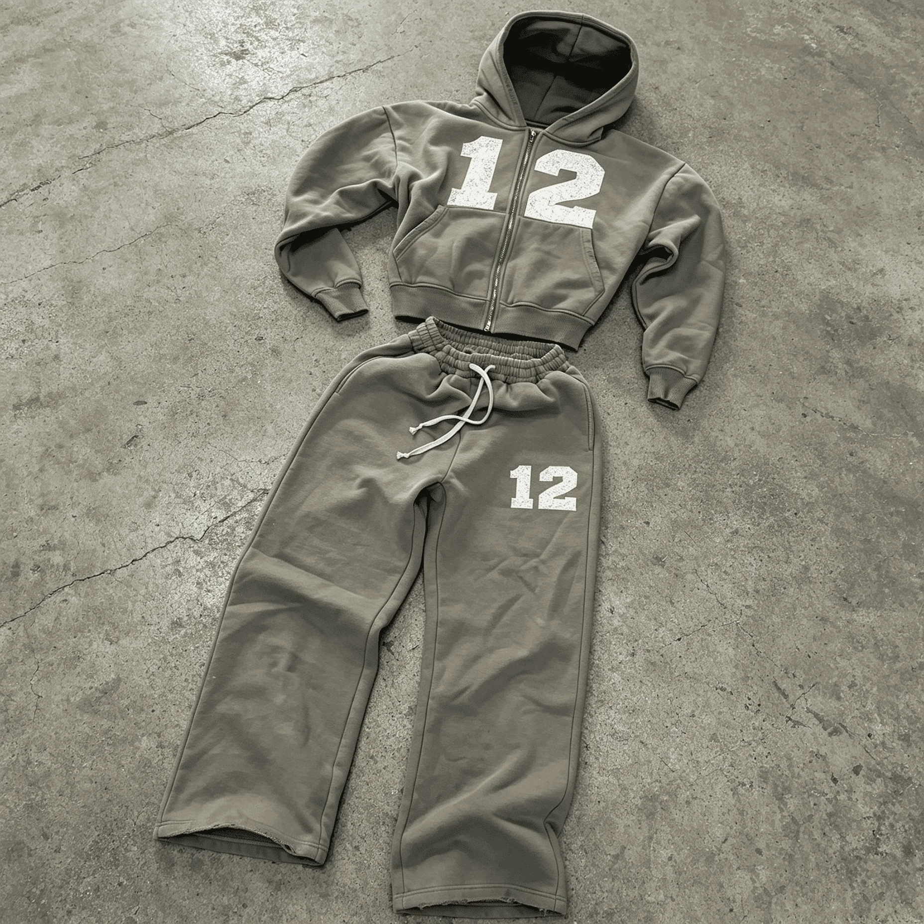 Custom Y2K Number Print Cropped Zip Up Hoodie And Wide Leg Sweatpants Heavyweight Vintage Washed Streetwear 2 Piece Set gallery 2