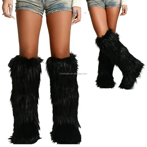 BUSY GIRL RS9253 Women's Black Faux Fur Knee-High Boots Warm Winter Party & Daily Fur Boots Women Custom Design Boots Fur Shoes
