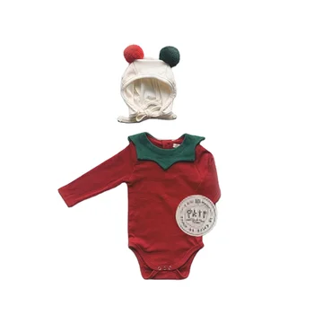 Autumn Korean long-sleeved newborn cotton red green baby Christmas pullover onesie with hat 2 pcs/set