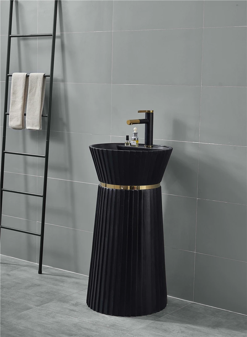 Hotel luxury black artificial stone one piece good quality bathroom freestanding pedestal sink hand wash basin supplier