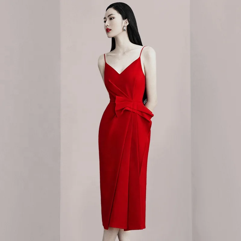 Asian New High Quality Sling Sexy V-neck Evening Dress Elegant China  Dresses for Lady Party