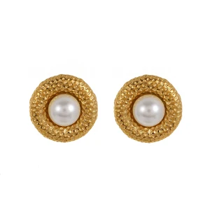 Floral Hammered Pearl Stud Earrings with Screw Back Gold Plated Vintage Stainless Steel for Women Wholesale Gift