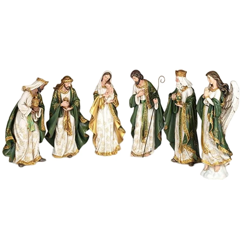 Adornos navideños novedosos hechos a mano en resina, Figura religiosa con patrón de olivo, Figuras romanas del nacimiento, Set de figuras religiosas