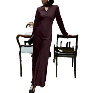 Customize Side Zipped Breathable 2025 Autumn Satin Slim Elegant Women's Maxi Long Party Evening Dress Burgundy with Sleeves