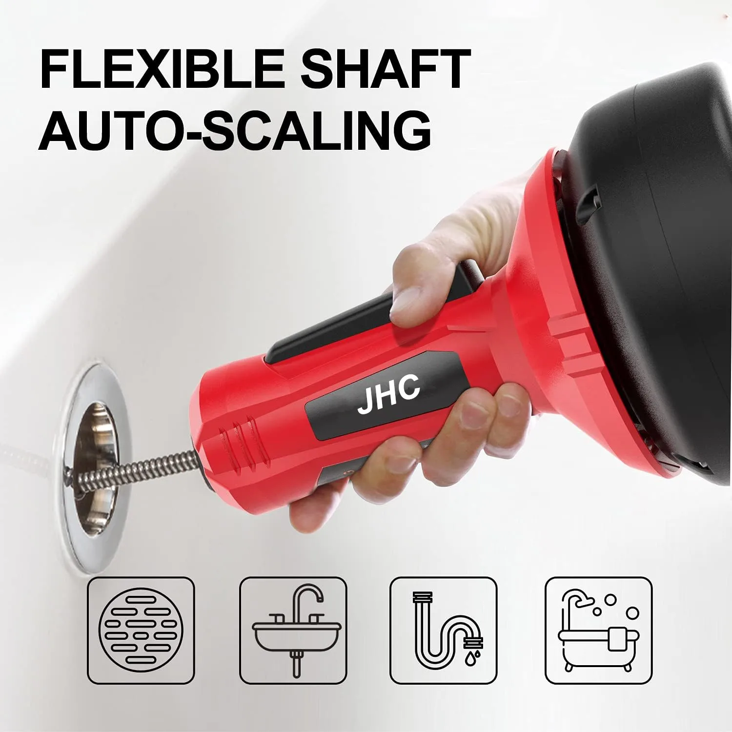JHC 12V Lithium Ion Cordless Automatic Feed Drain Cleaner for Toilet Sewer and Kitchen Pipe Cleaning