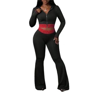 Women's Autumn 2-Piece Set Lace Patchwork Hooded Long Sleeve Zipper Knit Jacket Skinny Regular Length Crop Top + Belt Casual