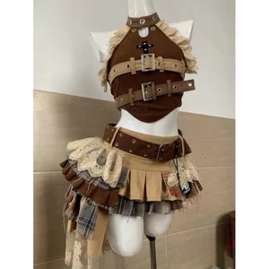 Viviblook Z410ST06 Women Summer New Patchwork Lace Denim Halter Crop Top Pleated Mini Skirt Casual Sexy Two Piece Set