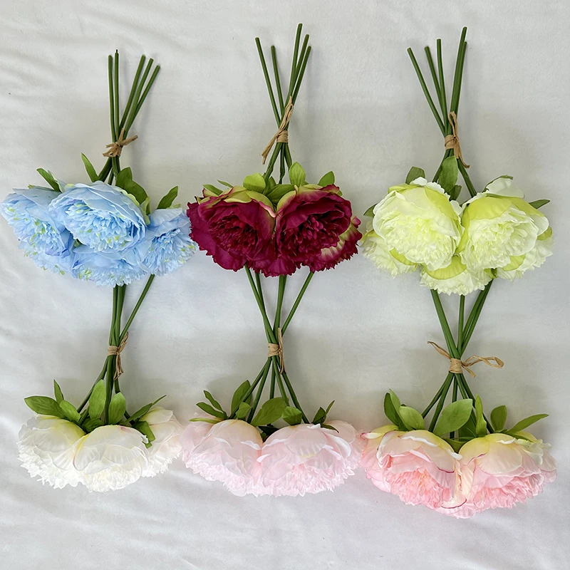 product high quality 5 head happy peony silk fabric bundle colorful artificial peonies for easter wedding decorations-59