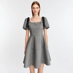 Trendy Square Neck Puff Sleeve Mini Dress with Black Bow