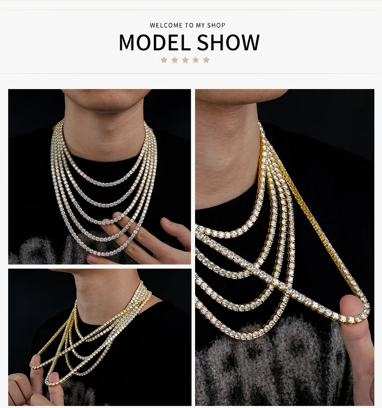wholesale jewelry men women 5mm gold plated 925 sterling silver diamond mossanite moissanite iced out tennis necklace chain